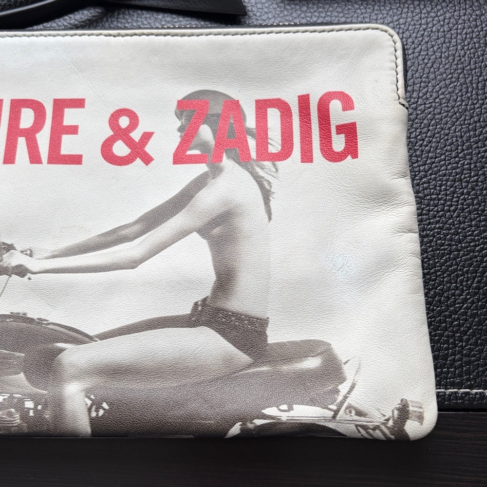 Zadig and Voltaire white leather clutch bag black white woman motorcycle logo - Picture 2 of 11